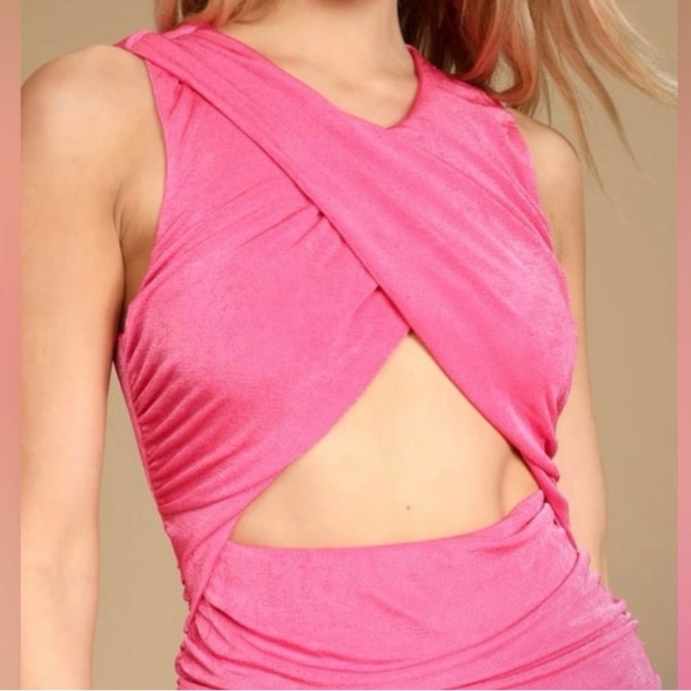 LULUS Pink Ruched Cutout Bodycon Midi Dress - Picture 2 of 8